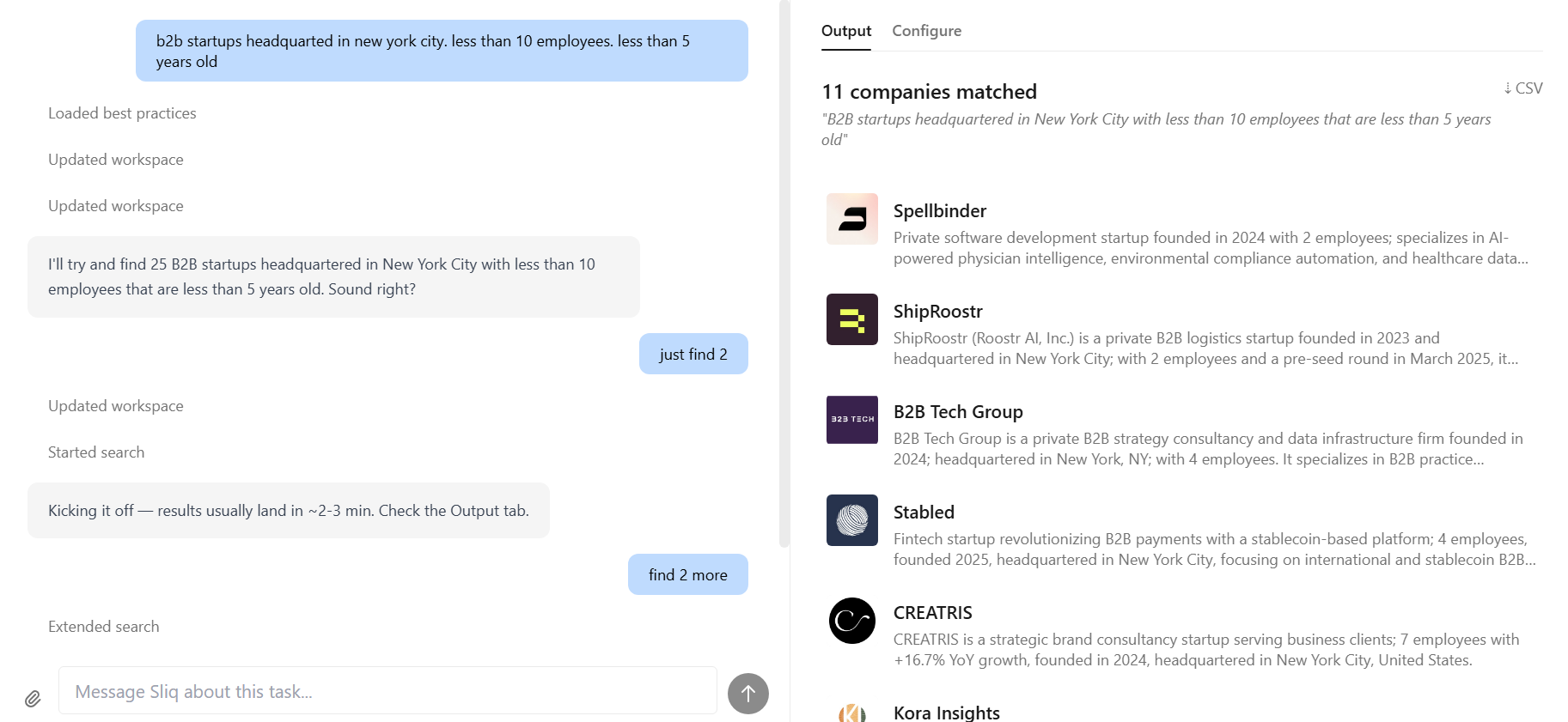 Sliq agent output showing 11 matched target companies with logos, company descriptions, match reasoning, source links, and a CSV export option.