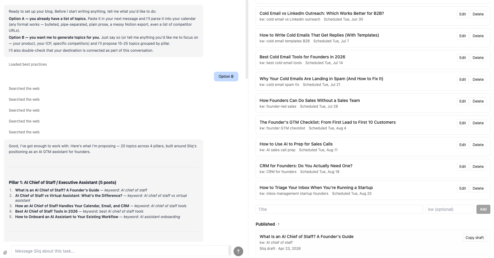 Sliq agent output showing an SEO content writing workflow with a content calendar, selected topic, research notes, draft sections, FAQ questions, and publishing status.