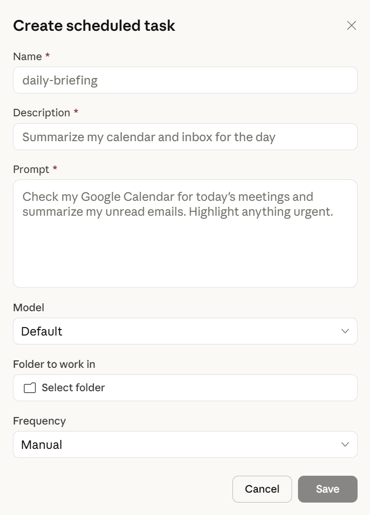 The Create scheduled task modal lets you set name, prompt, model, folder, and frequency directly