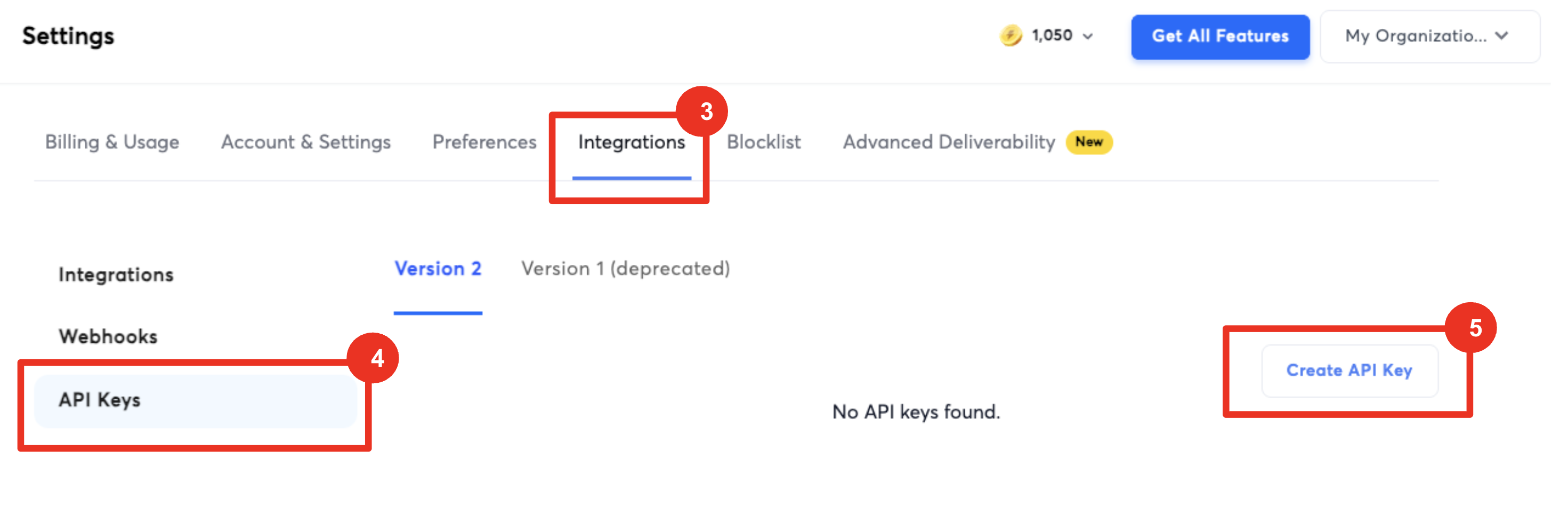 Navigate to Integrations and create API key