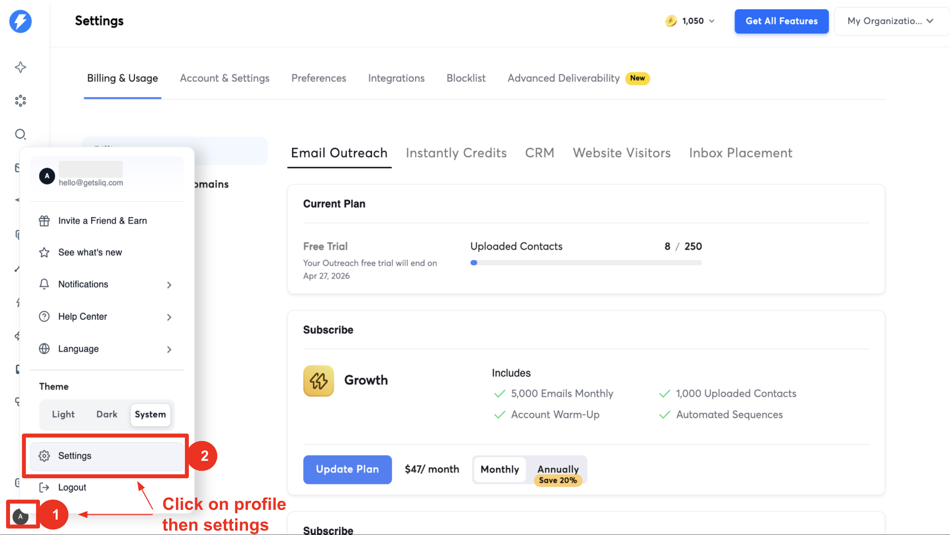 Open Instantly settings
