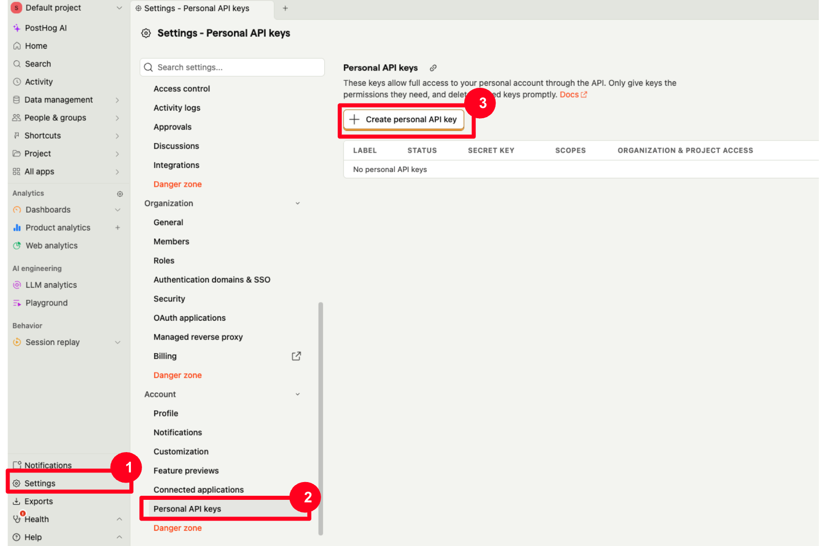Navigate to Personal API Keys and click Create