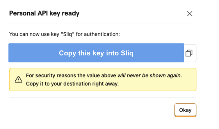Copy your API key — it won't be shown again