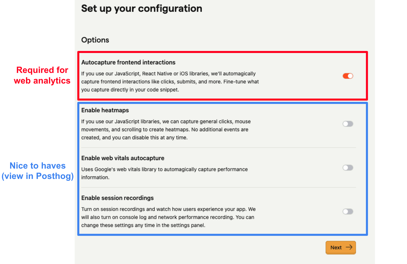 Configure PostHog tracking options — autocapture is required