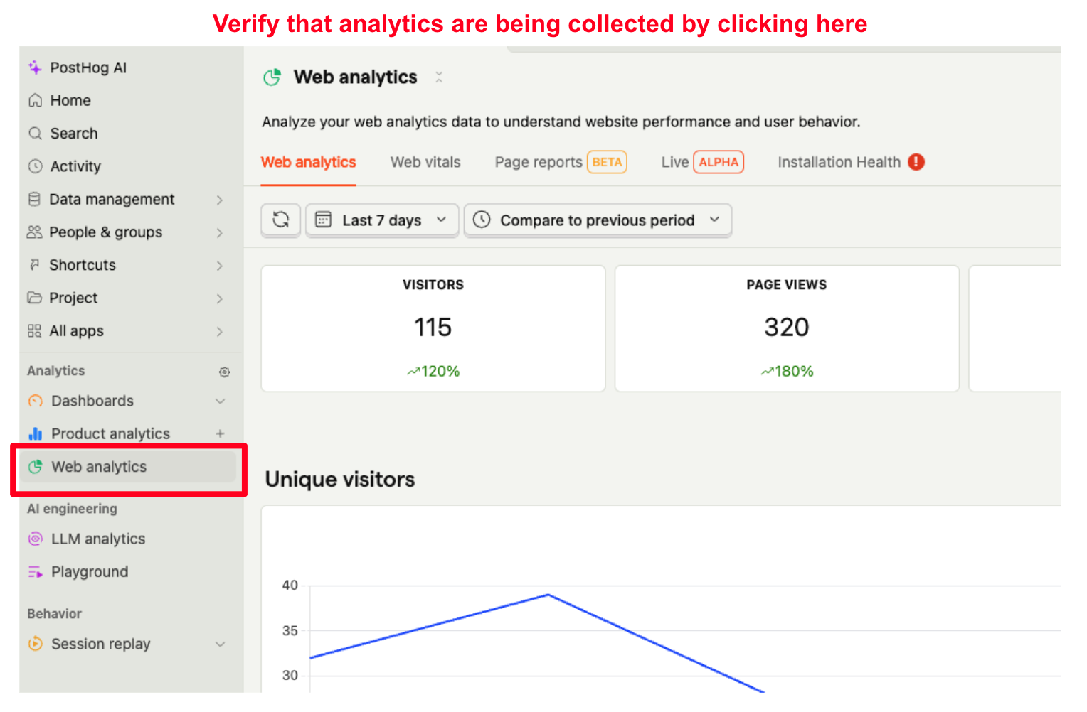 Verify analytics in PostHog Web Analytics sidebar