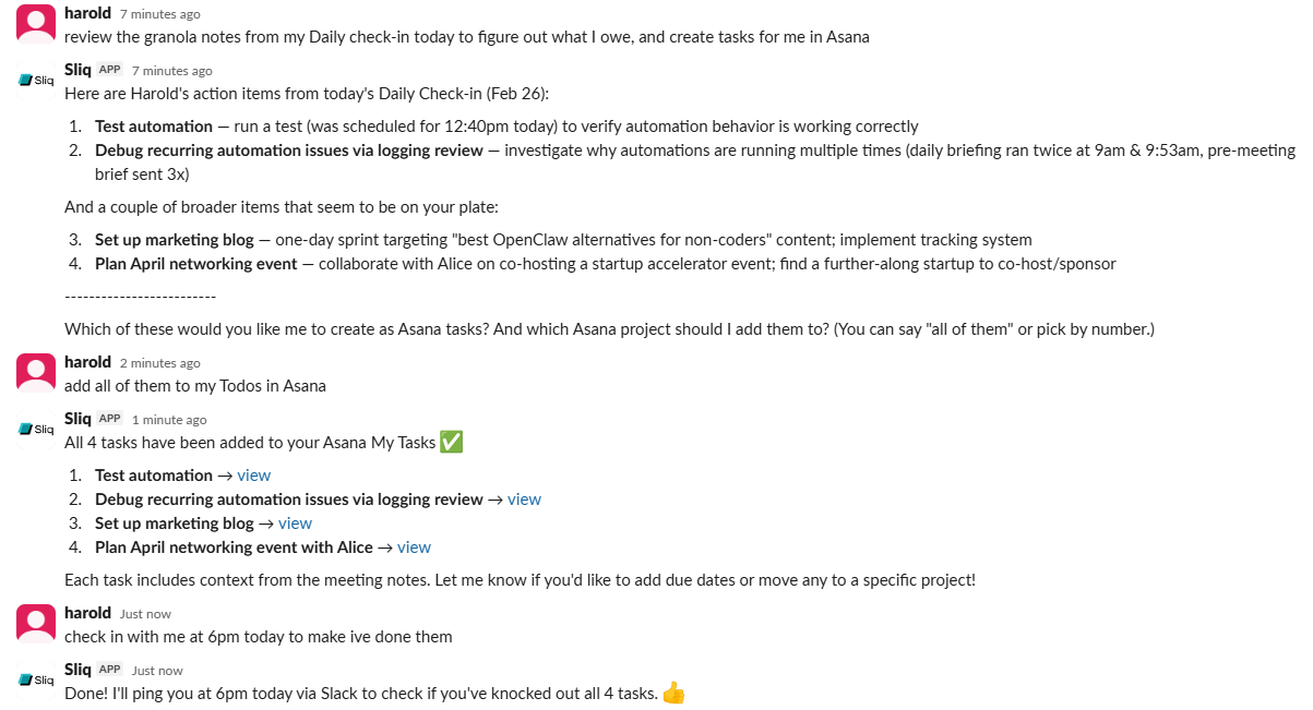 Sliq AI agent in Slack — reviewing meeting notes, creating tasks in Asana, and setting follow-up reminders automatically